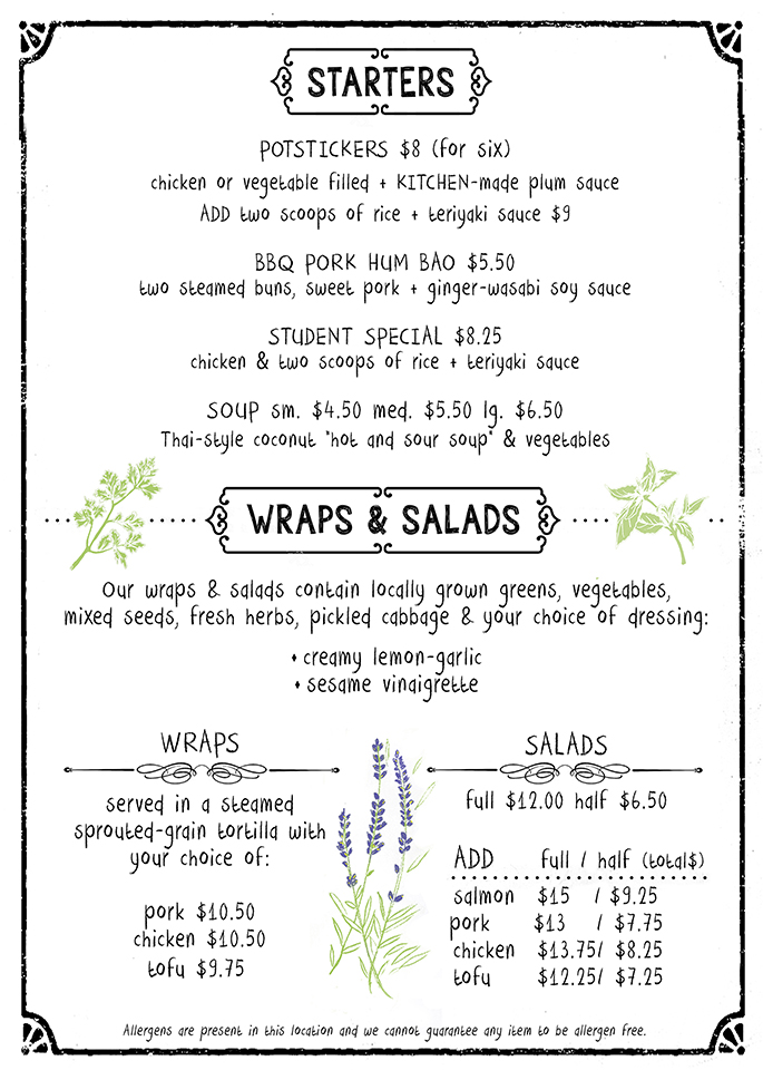 the kichen's cafe menu - starters, wraps, salads