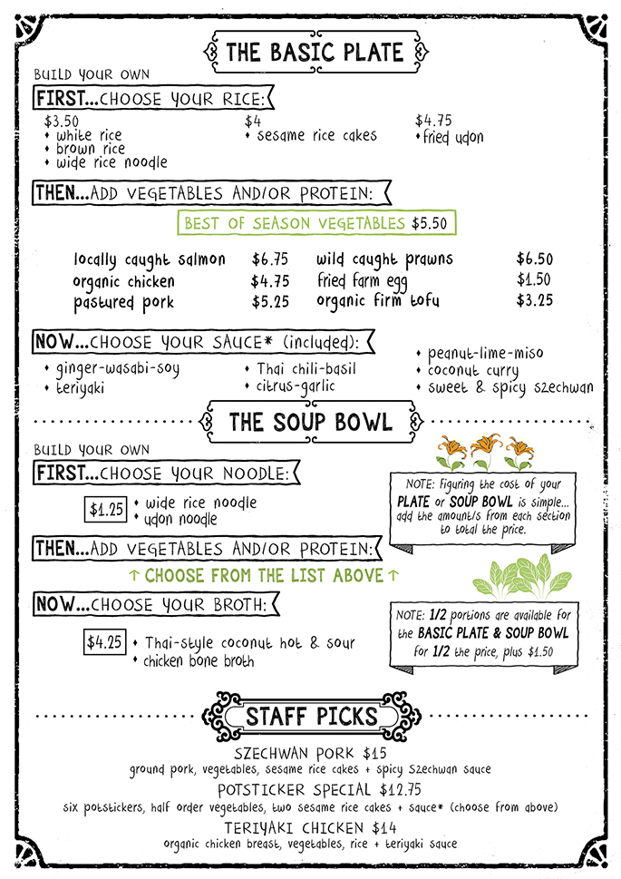 the kitchen's cafe menu - basic plate, soup bowl, staff picks